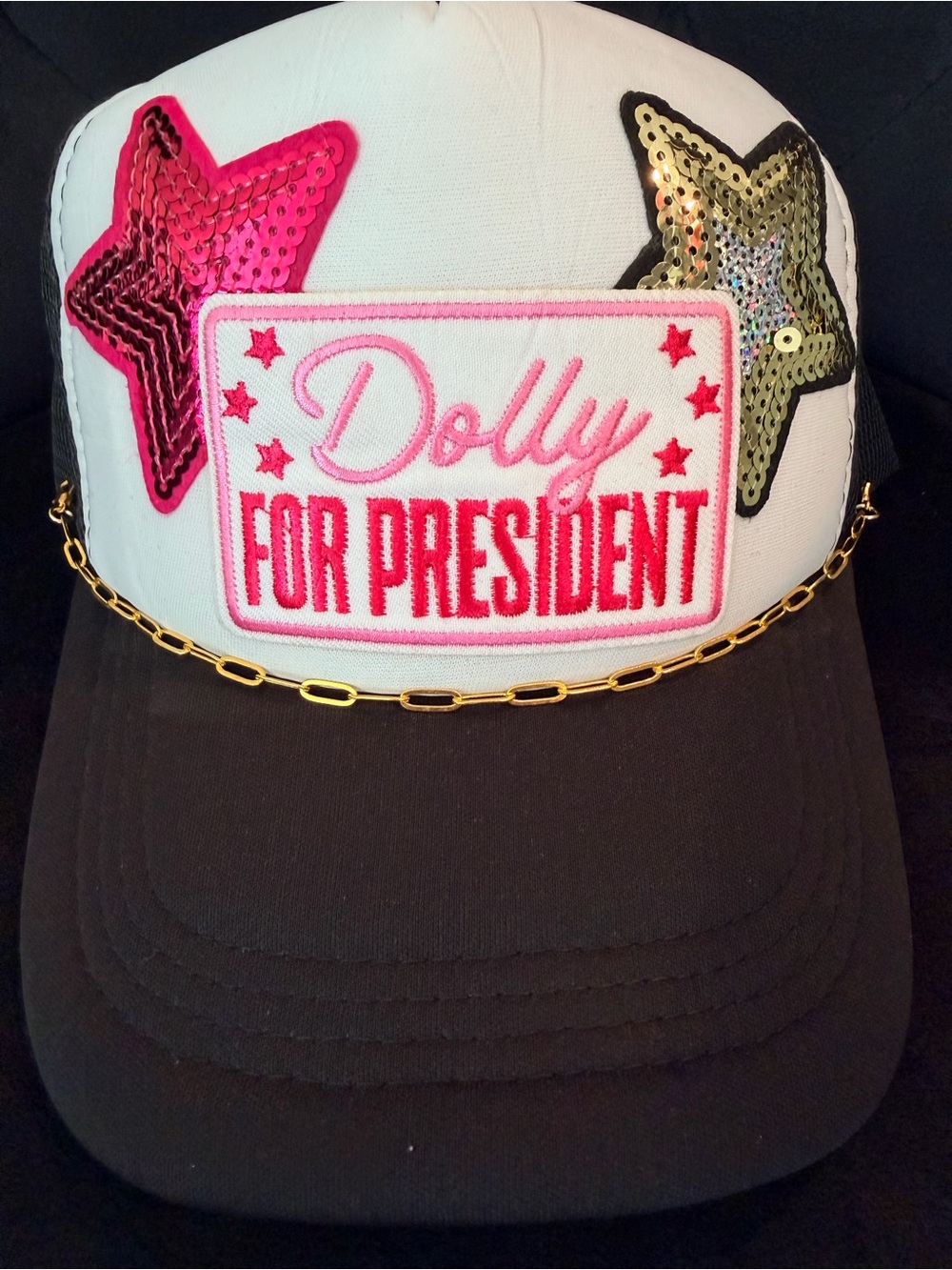 Dolly Parton For President Sequin Star Trucker Hat - Pink, Gold, Black